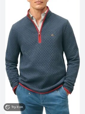 NWT Men's Quilted Half-Zip Pullover Sweater - Navy with Red Trim